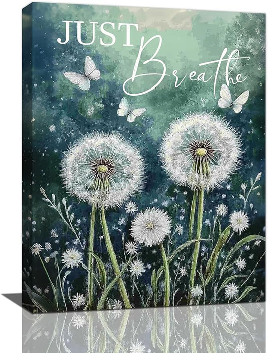 Dandelion Pictures Wall Art, Farmhouse Floral Bathroom Wall Decor, Rustic Nature Inspirational Framed Painting Butterfly White Flower Canvas Artwork for Bedroom Living Room Decorations 16"L x 12"W