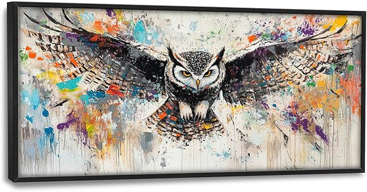 Large Owl Wall Art for Living Room, Framed Oversized Banksy Owl Wall Decor Colorful Wildlife Canvas Painting Animal Pictures Modern Artwork for Living Room Bathroom Bedroom Office Dining Room 60"x30"