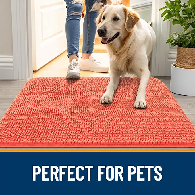 OLANLY Dog Door Mat for Muddy Paws 47x32, Absorbs Moisture and Dirt, Absorbent Non-Slip Washable Doormat, Quick Dry Chenille Mud Mat for Dogs, Entry Indoor Entryway Carpet for Inside Floor, Coral