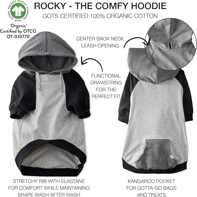 Rocky – The Orginal Lightweight Hooded TEE 100% Organic Cotton Dog Hoodie Pet Coat Sweater for Small, Medium, Large Dogs, Heather Gray Color Block, Small