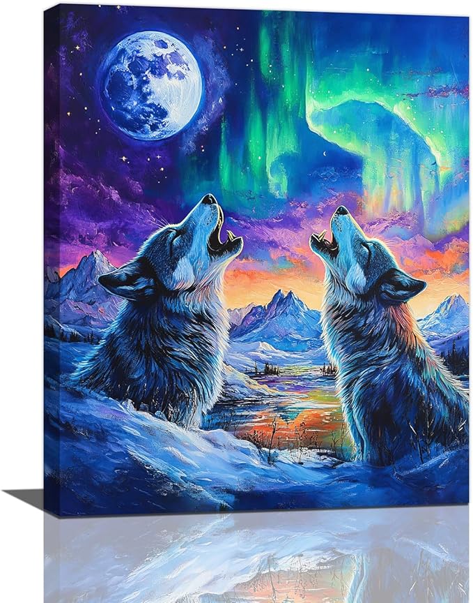Wolf Wall Art Wolves Canvas Wall Decor Prints Framed Painting Aurora Pictures Gifts Artwork for Bathroom Bedroom Living Dining 16"x20"