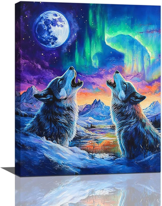 Wolf Wall Art Wolves Canvas Wall Decor Prints Framed Painting Aurora Pictures Gifts Artwork for Bathroom Bedroom Living Dining 16"x20"