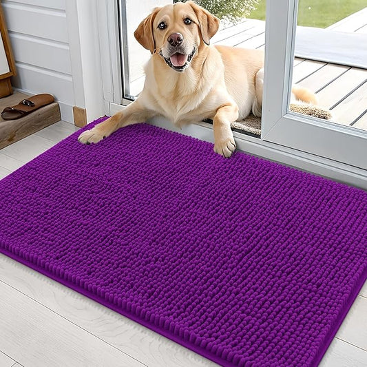 OLANLY Dog Door Mat for Muddy Paws 36x24, Absorbs Moisture and Dirt, Absorbent Non-Slip Washable Doormat, Quick Dry Chenille Mud Mat for Dogs, Entry Indoor Entryway Carpet for Inside Floor, Purple
