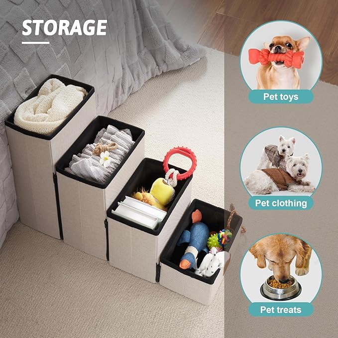 Dog Stair for Small Dogs with Storage, Foldable Pet Step with Soft Cover, Older Cat Ramp for Chair Couch Sofa, Lightweight, Durable, Comfort, 33x13x17.7 inch, 4 Tiers Grey