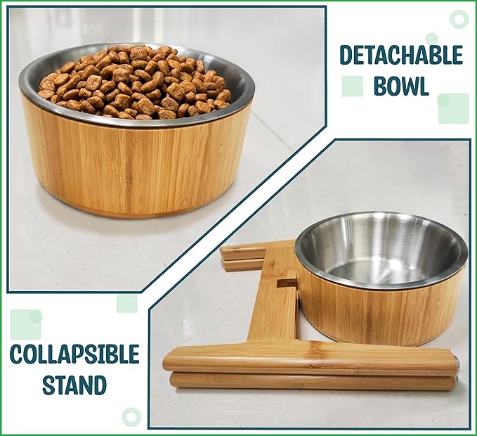 Elevated Dog Bowls for Large Breed - (15-Inch Tall, 74-oz Cap), Deter Ants and Bugs - Raised Single Feeder, Suitable for Dry and Wet Pet Foods - Bamboo with Stainless Steel Dish