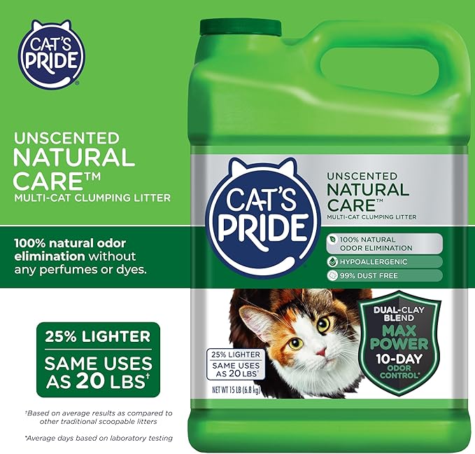 Cat's Pride Max Power: Natural Care - Up to 10 Days of Powerful Odor Control - 100% Natural Odor Elimination - Hypoallergenic - 99% Dust Free - Multi-Cat Clumping Litter, Unscented, 15 Pounds