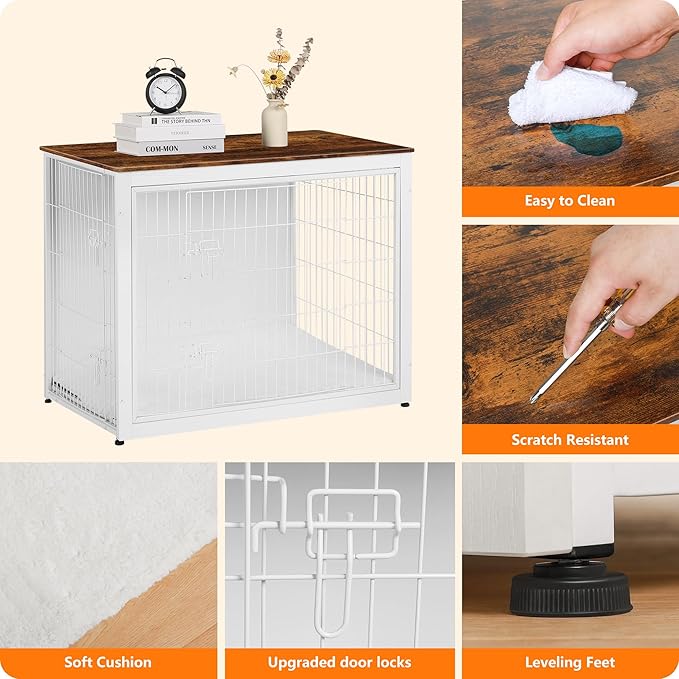 DWANTON Dog Crate Furniture with Cushion, Wooden Kennel Table with Double Doors, Indoor Dog House, Extra Large Size, 43.3" L, White+Rustic Brown