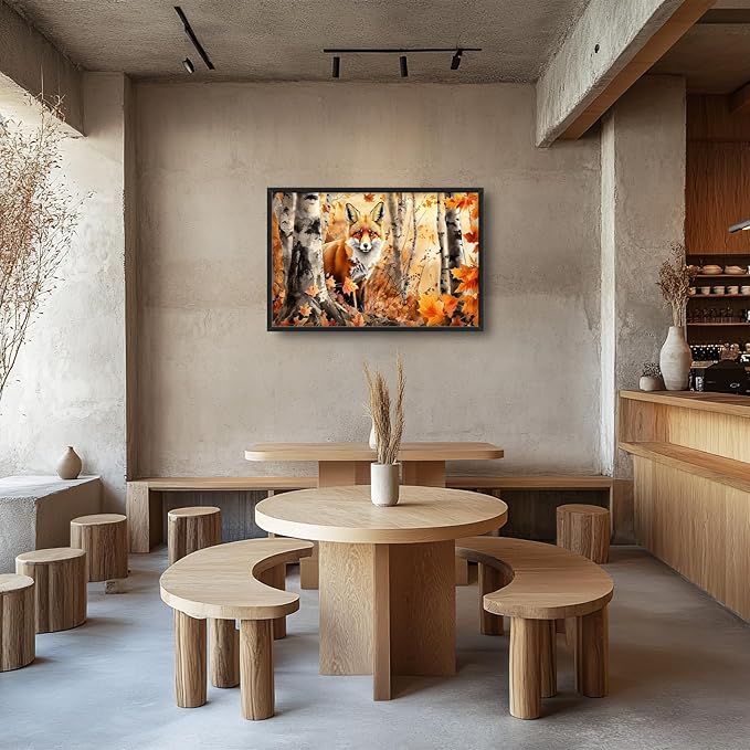 Large Fox Wall Art for Living Room, Framed Oversized Fall Autumn Forest Wall Decor Tree Maple Leaves Canvas Painting Modern Artwork for Living Room Bathroom Bedroom Office Dining Room 36"x24"