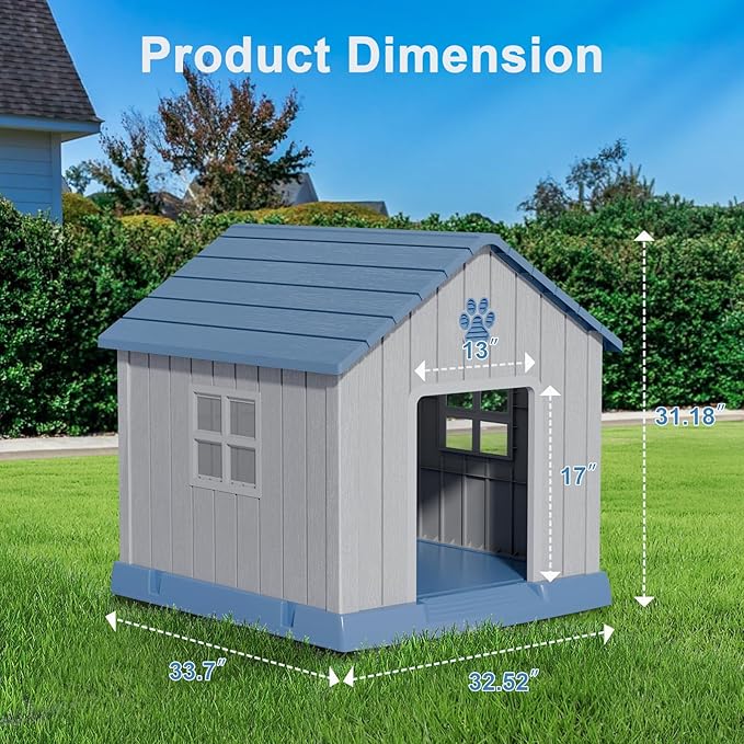 Dog House Indoor Outdoor for Small to Large Sized Dogs Resin Outdoor Dog House with Ventilation Puppy Shelter with Elevated Floor, Easy to Assemble, Blue
