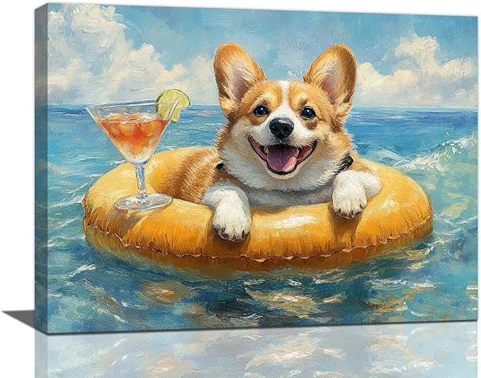 Ocean Funny Corgi Dog Pictures Wall Art, Bathroom Cute Dog Wall Decor Sea Coastal Framed Painting Beach Canvas Artwork for Bathroom Bedroom Living Room Decorations 24"L x 16"W