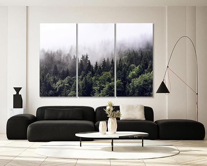 Nature Wall Art Prints - Ocean Forest Mountain Lake Canvas Landscapes - Small to Extra Large Living Room Bedroom Kitchen Bathroom Décor (Foggy Pine Forest, 35L" x 53W" - 3 Panels)