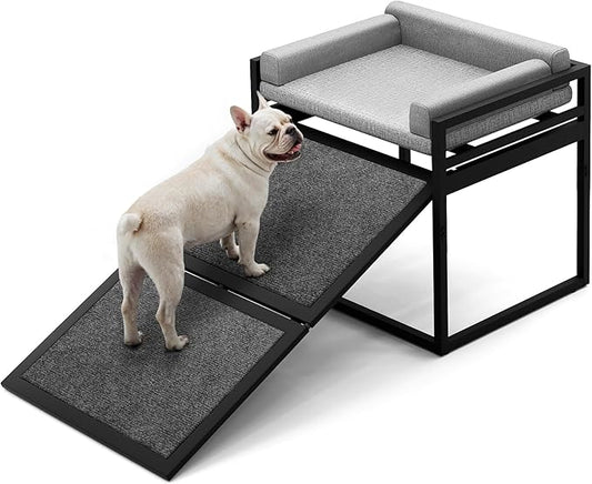 Pet Stairs Ramp Dog with Detachable 20% Wider Seat Mate,Companion Chair Platform for Small Doggie and Cat,Dachshund Puppy Non-Slip Ladder Perch,Doggy Step for High Bed Window Sofa Office Grey
