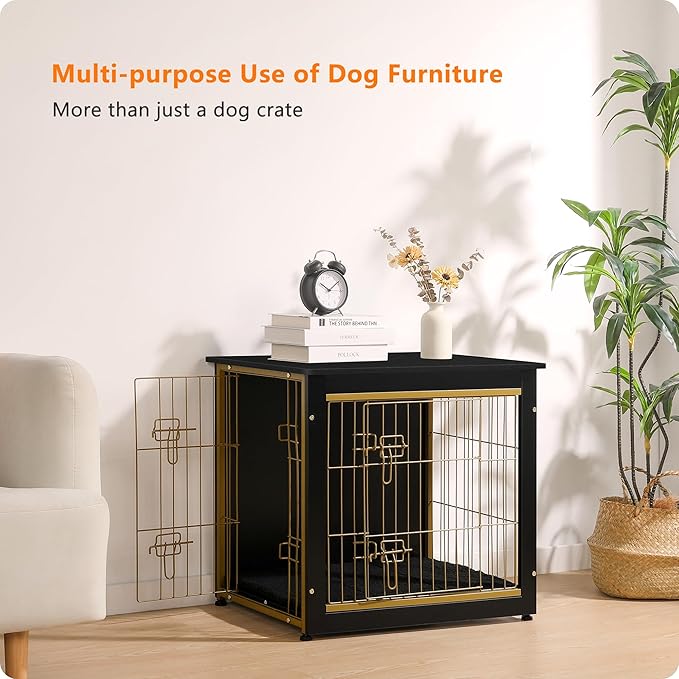 DWANTON Dog Crate Furniture with Cushion, Wooden Kennel Table with Double Doors, Indoor Dog House, Small/Medium/Large Size, 27.2" L, Black+Gold