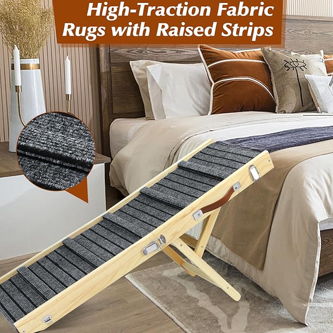 TNELTUEB Large Dog Ramp, 47.2" Long and 15.8" Wide Wooden Folding Portable Pet Ramp, Adjustable from 11.8" to 29.5" with Non-Slip Traction Mat, Dog Ramps for Car, Bed, Couch, Rated for 150 LBS