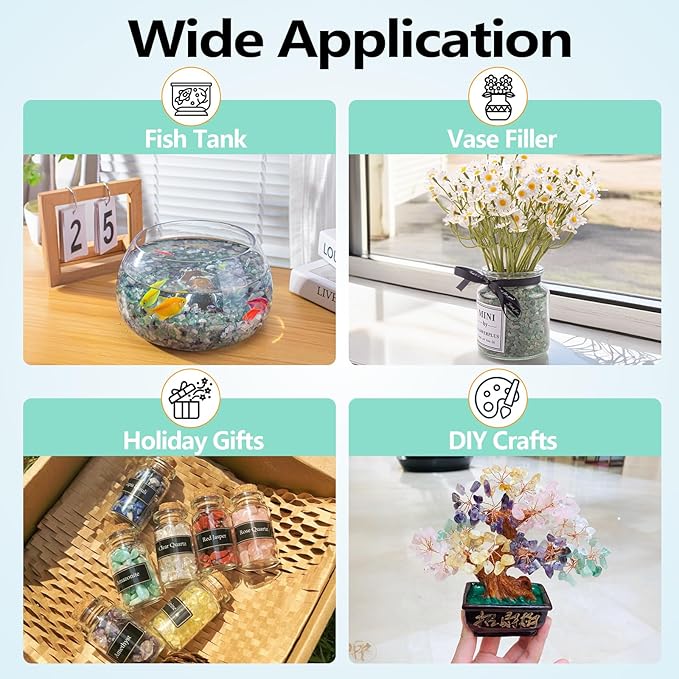 Crystal Chips Bulk Green Aventurine Crushed Quartz Stones Pebbles, 5-7mm Polished Tumbled Healing Crystal Chips Crushed Rocks Jade Pebbles for Aquarium, Garden and Home - 3 Lbs