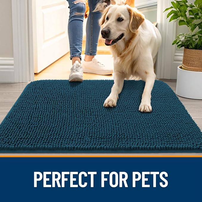 OLANLY Dog Door Mat Set 4-Piece 24x16, Absorbs Moisture and Dirt, Absorbent Non-Slip Washable Doormat, Quick Dry Chenille Mud Mat for Dogs, Entry Indoor Entryway Carpet for Inside Floor, Atlantic Blue