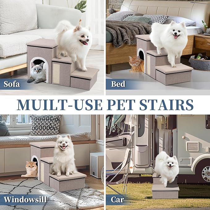Dog Steps for Bed and Couch, 17”H Foldable Dog Stairs for Small Older Dogs Cats, Adjustable Pet Cat Stairs Ramps with Storage with Condo, Scratcher, Hold Up to 180LBS, Pet Cat Steps Beige