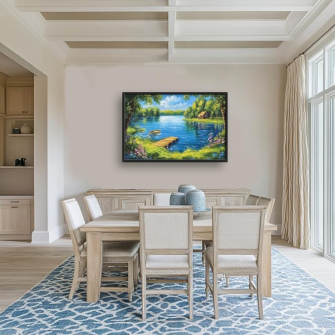 Large Lake Cabin Wall Art for Living Room, Framed Oversized Tree Boat Wildflowers Wall Decor Nature Landscape Canvas Painting Modern Artwork for Bathroom Bedroom Office Dining Room 36"x24"