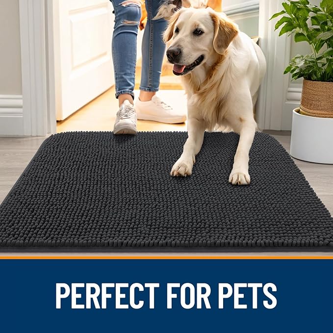 OLANLY Dog Door Mat Set 4-Piece 24x16, Absorbs Moisture and Dirt, Absorbent Non-Slip Washable Doormat, Quick Dry Chenille Mud Mat for Dogs, Entry Indoor Entryway Carpet for Inside Floor, Dark Grey