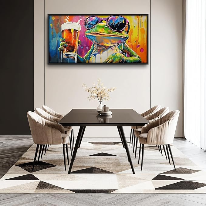 Large Graffiti Frog Wall Art for Living Room, Framed Oversized Funny Frog Beer Wall Decor Colorful Animal Canvas Painting Modern Artwork for Bathroom Bedroom Office Dining Room 60"x30"