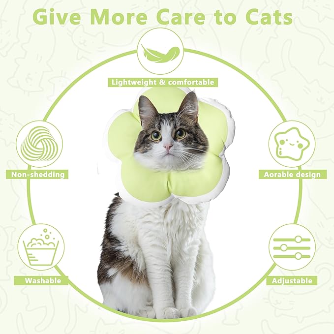 Cat Cone Collar Soft, Waterproof Cats Cones to Stop Licking After Surgery, Adjustable Soft Elizabeth Cats Collars for Wound Healing, Flower Shape Cat Recovery Collar (Green, Medium)