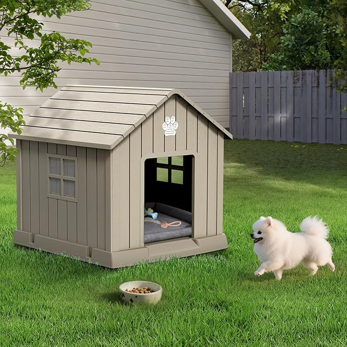 Dog House Indoor Outdoor for Small to Large Sized Dogs Resin Outdoor Dog House with Ventilation Puppy Shelter with Elevated Floor, Easy to Assemble, Blue