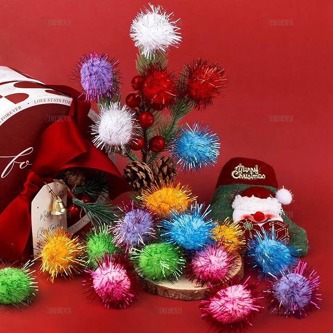 AUEAR, 20 Pack Sparkle Balls 1.5 Inches Tinsel Poms for Cats Pets Assorted Colors