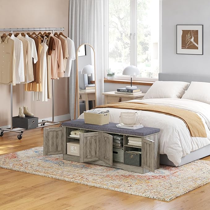 DINZI LVJ Shoe Bench, Entryway Storage Bench with Doors, Cushion, 2-Tier Shoe Rack with 8-Cubby, 47.2”L x 13.8”W Shoe Organizer Cabinet, Adjustable Shelf, Living Room, Bedroom, Gray Wash