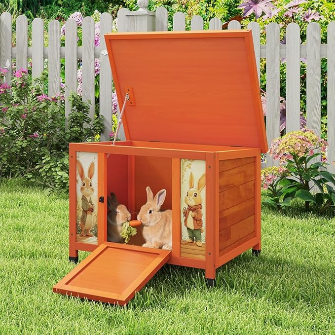 COZIWOW 24in Wooden Cat House Outdoor & Indoor Pet Shelter with Foldable Ramp - Weatherproof Rabbit Hutch with Unique Machine-Printed Art Designs for Cat, Rabbit, Guinea Pig (Orange)