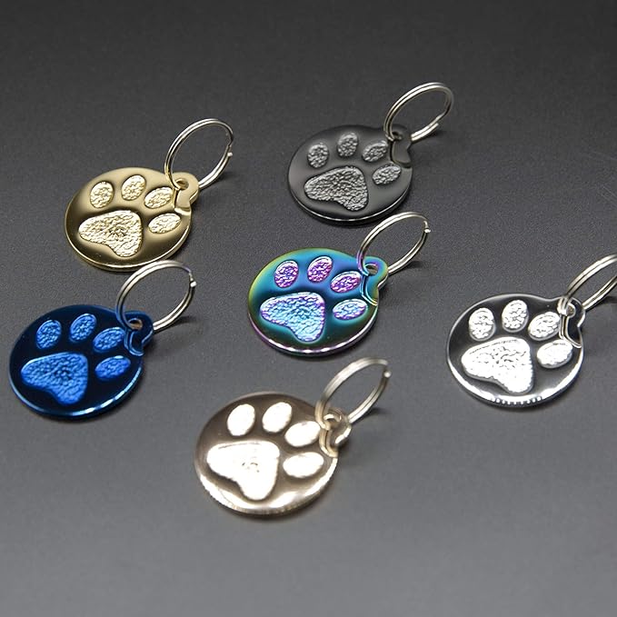 Engraved Pet Tag for Dogs and Cats - Personalized Front & Back up to 4 Lines of Text Custom Engraved ID, Round Paw Print Solid Plating Stainless Steel Black Regular