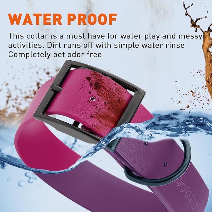 Dogline Biothane Waterproof Dog Collar Strong Coated Nylon Webbing with Black Hardware Odor- Proof for Easy Care Easy to Clean High Performance Fits Small Medium or Large Dogs, Magenta Pink