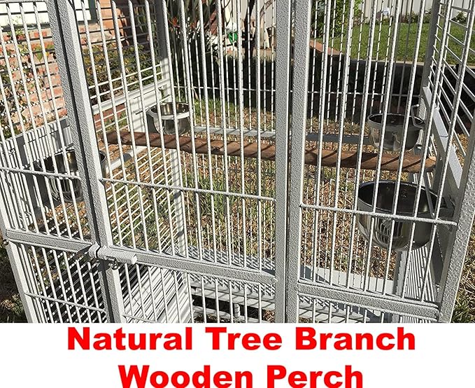 Extra Large Double Ladders Open Play Top Wrought Iron Bird Parrot Parttot Finch Macaw Cockatoo Cage, Include Seed Guard and Toy Hook (32" x 23" x 66"H White Vein)