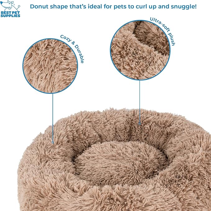 Best Pet Supplies Round Donut Dog Bed with Plush Faux Fur Fabric, Calming, Anti-Anxiety Cushion for Indoor Pets, Slip-Resistant Base, Soft Ergonomic Support - Caramel, 24x24x7''