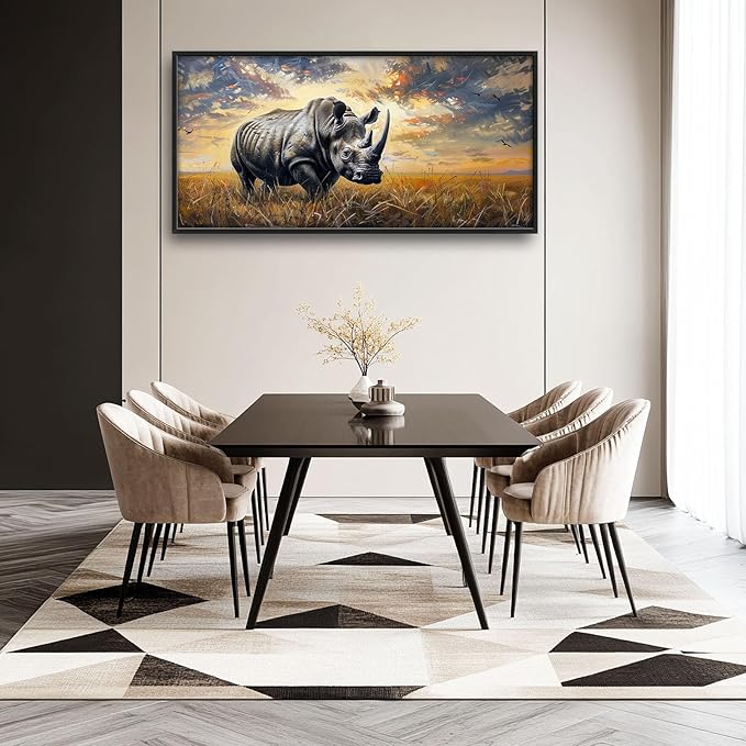 Rhino Large Wall Art Rustic Cool Wild Animal Rhinoceros Pictures Sunset Field Landscape Wall Decor Canvas Print Painting Artwork for Bathroom Living Room Bedroom 60L" x 30W"