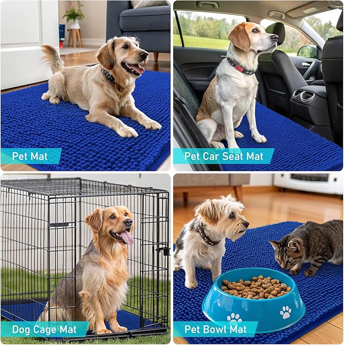 OLANLY Dog Door Mat for Muddy Paws 59x35, Absorbs Moisture and Dirt, Absorbent Non-Slip Washable Doormat, Quick Dry Chenille Mud Mat for Dogs, Entry Indoor Entryway Carpet for Inside Floor, Royal Blue