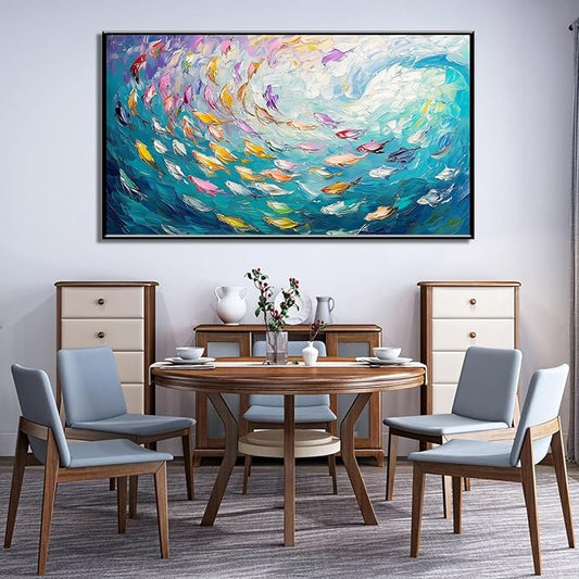 Fish Canvas Wall Art, Abstract School of Fish Canvas Wall Art, School of Fish Painting Canvas, School of Fish Wall Art, Fish Wall Decor, Fish Pictures Wall Decor, Bedroom Canvas Wall Decor (Black Framed, 48"x27" | 122x68cm)
