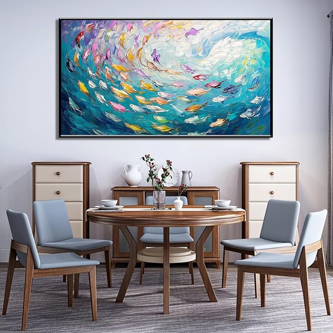 Fish Canvas Wall Art, Abstract School of Fish Canvas Wall Art, School of Fish Painting Canvas, School of Fish Wall Art, Fish Wall Decor, Fish Pictures Wall Decor, Bedroom Canvas Wall Decor (Gold Framed, 69"x39" | 174x98cm)