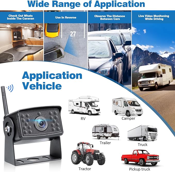 7 Inch RV Backup Camera Wireless, HD 1080P DVR Backup Camera High-Speed Rear View Observation System Stable Signals for RVs, Trucks, Trailers, IP69 Waterproof IR Night Vision
