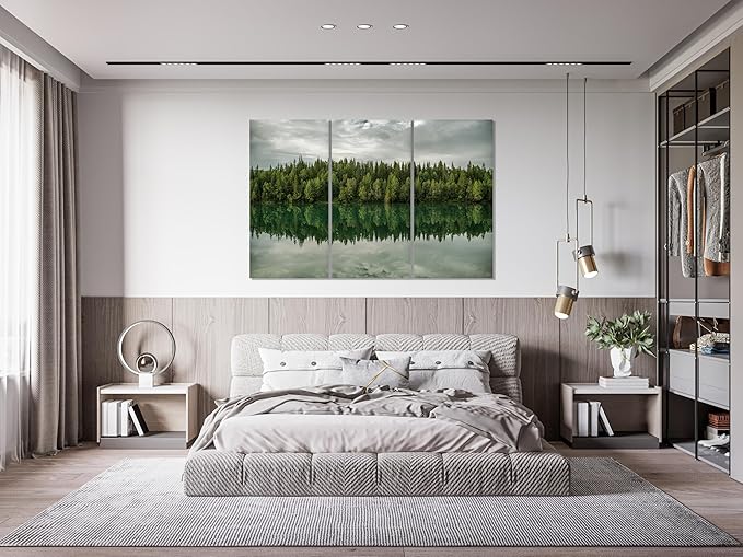 Nature Wall Art Prints - Ocean Forest Mountain Lake Canvas Landscapes - Small to Extra Large Living Room Bedroom Kitchen Bathroom Décor (Forest Reflection, 55L" x 83W"- 3 Panels)