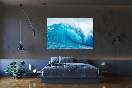 Nature Wall Art Prints - Ocean Forest Mountain Lake Canvas Landscapes - Small to Extra Large Living Room Bedroom Kitchen Bathroom Décor (Blue Ocean Wave, 47L" x 71W" - 3 panels)