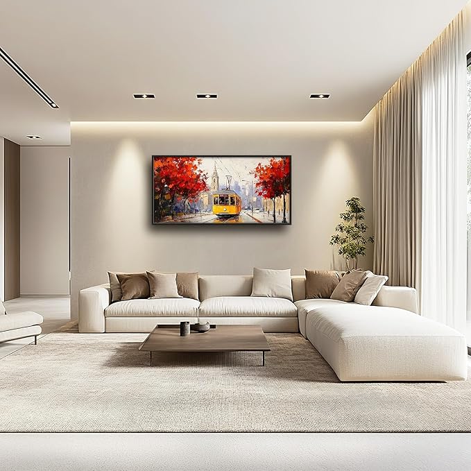 Large Cityscape Wall Art for Living Room, Framed Oversized Urban Tram Wall Decor Tree Landscape Canvas Painting Modern Artwork for Living Room Bathroom Bedroom Office Dining Room 60"x30"