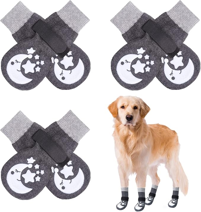 BEAUTYZOO Anti-Slip Dog Socks with Grips Traction Control for Small Medium Large Dogs, Non Skid Indoor Double Side Pet Paw Protector for Hardwood Floor Wear (Moon and Star, XL)