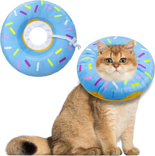 Cat Cone Collar Soft, Adjustable Cat Recovery Collars Kitten Cones to Stop Licking, Cute Donut E Collar After Surgery, Anti-Lick Wound Healing Elizabethan Collar for Kittens(Donut Blue, Medium)