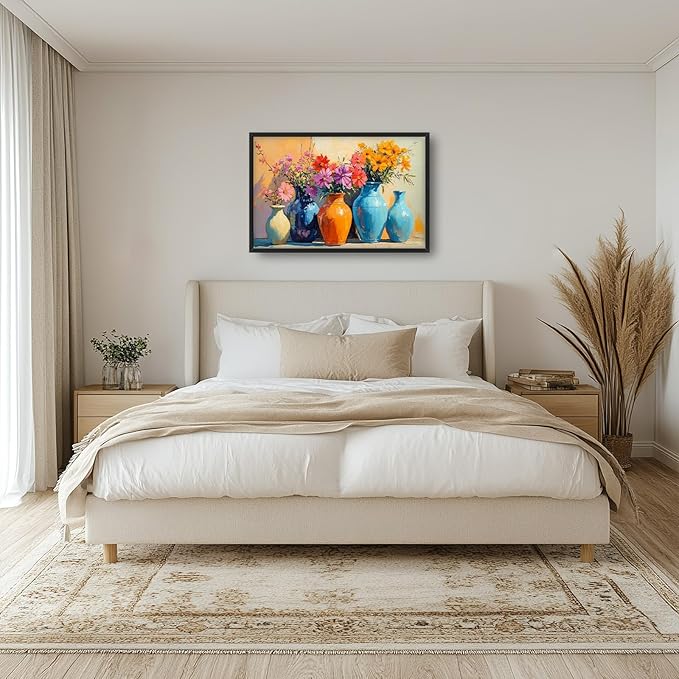 Large Colorful Floral Wall Art for Living Room, Framed Oversized Asian Flower Vase Decor Canvas Painting Sunlight Pictures Modern Artwork for Bathroom Bedroom Office Dining Room 36"x24"