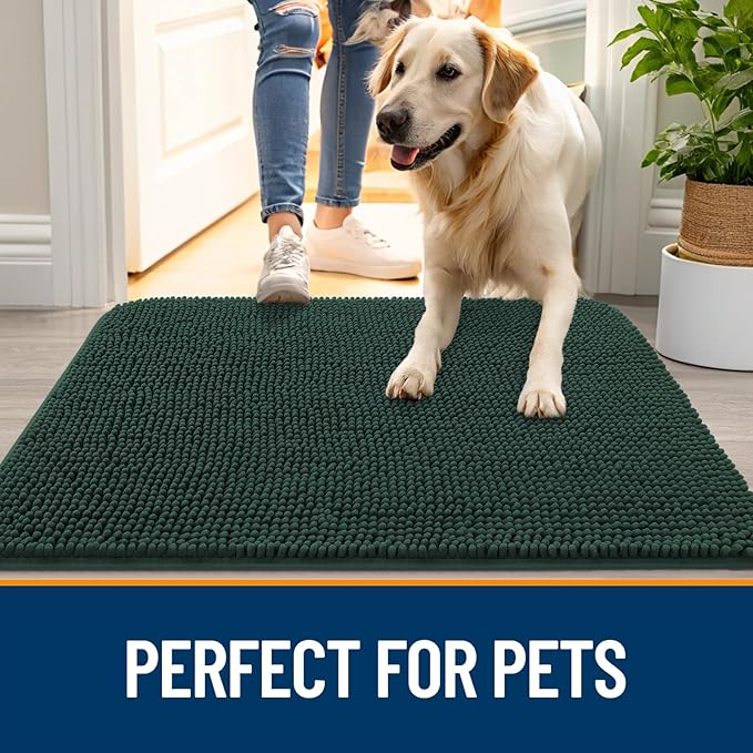 OLANLY Dog Door Mat for Muddy Paws 47x17, Absorbs Moisture and Dirt, Absorbent Non-Slip Washable Doormat, Quick Dry Chenille Mud Mat, Entry Indoor Entryway Carpet for Inside Floor, Blackish Green