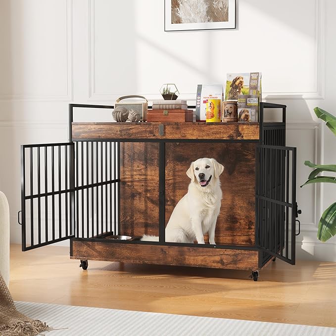 Dog Crate Furniture Large Breed with 2 Stainless Steel Bowls, Large Wooden Dog Crate Table, Escape-Proof & Chew-Proof XL Furniture, Decorate House As TV Stand, End Table, 45" L X 30" W 37" H