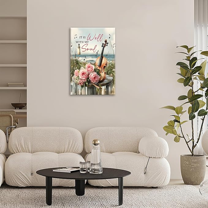 Violin Pictures Wall Art, Music Rustic Country Inspirational Bathroom Wall Decor, Coastal lighthouse Framed Painting Rose Aesthetics Canvas Artwork for Bedroom Living Room Decorations 24"L x 16"W