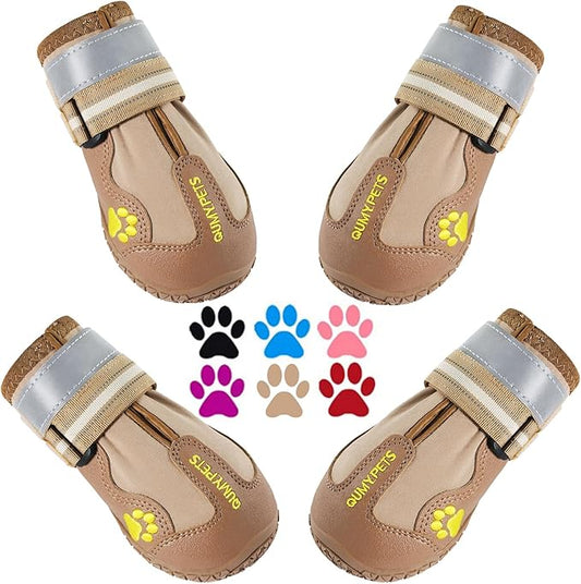 QUMY Dog Shoes for Large Dogs, Medium Dog Boots & Paw Protectors for Winter Snowy Day, Summer Hot Pavement, Waterproof in Rainy Weather, Outdoor Walking, Indoor Hardfloors Anti Slip Sole Khaki 1