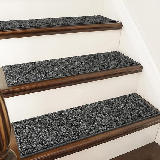 COSY HOMEER Edging Stair Treads Non-Slip Carpet Mat 28inX9in Indoor Stair Runners for Wooden Steps, Edging Stair Rugs for Kids and Dogs, 100% Polyester TPE Backing (4pc, Black)