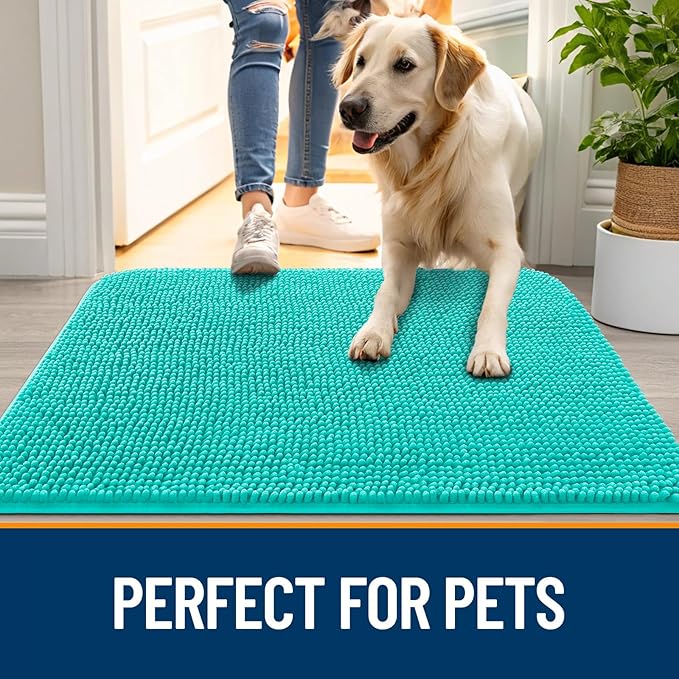OLANLY Dog Door Mat for Muddy Paws 59x20, Absorbs Moisture and Dirt, Absorbent Non-Slip Washable Doormat, Quick Dry Chenille Mud Mat for Dogs, Entry Indoor Entryway Carpet for Inside Floor, Teal